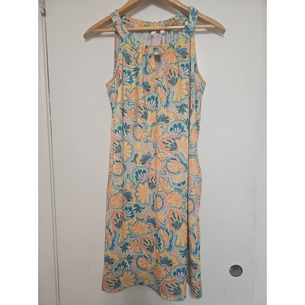 Stella Parker Dress Womens S Tropical Palm Print Halter Peach Multi UPF 50+
